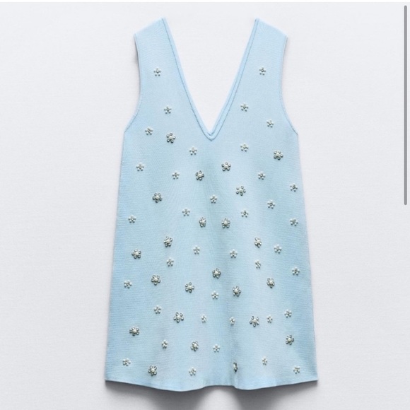 ZARA SS24 KNIT MINI DRESS WITH RHINESTONE BEADS Pearl S BLUE 2142/081 NWT - Picture 2 of 9